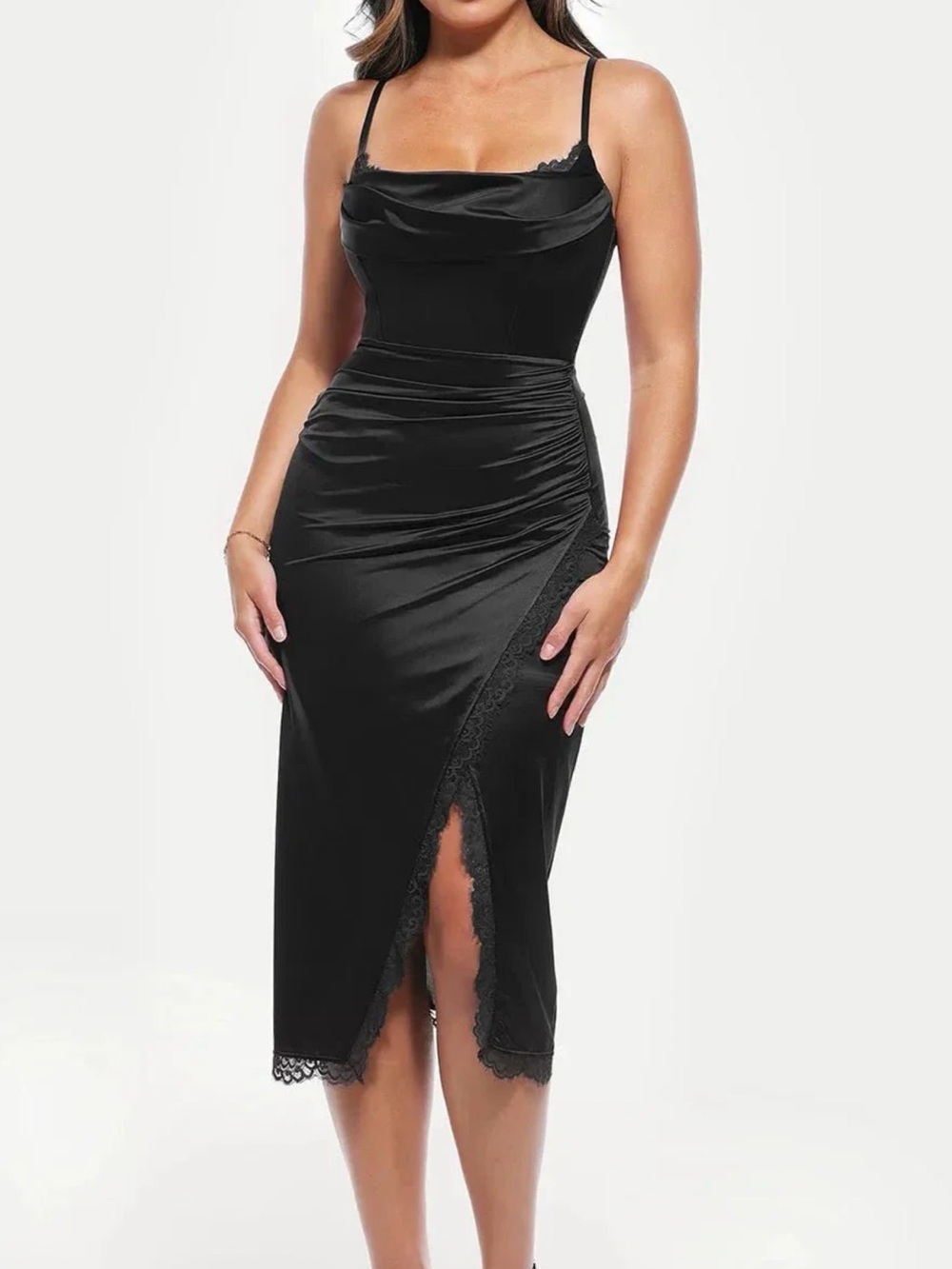 Black Lace Trim Sculpting Floral-Print Midi Dress - Picture 2 of 9
